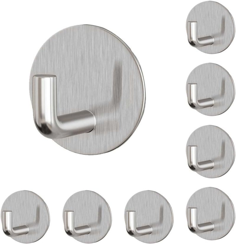 EDMILE 8 Pack Silver Adhesive Wall Hooks, Towel Hooks for Bathrooms, Sticky Hooks for Hanging, Stick on Wall Mount for Bathroom Kitchen Bedroom No Drill - Image 1